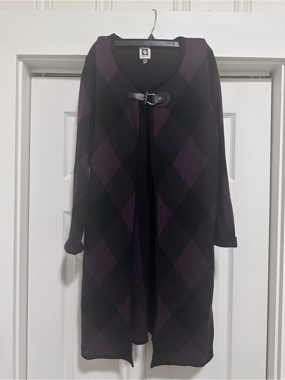 Anne Klein Black and Purple Argyle Long Sleeve Cardigan Dress